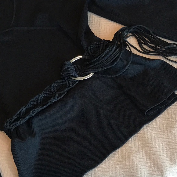 Cable & Gauge Black Sweater.  Stylish Macrame Belt with fringe for added fun. - Picture 3 of 8